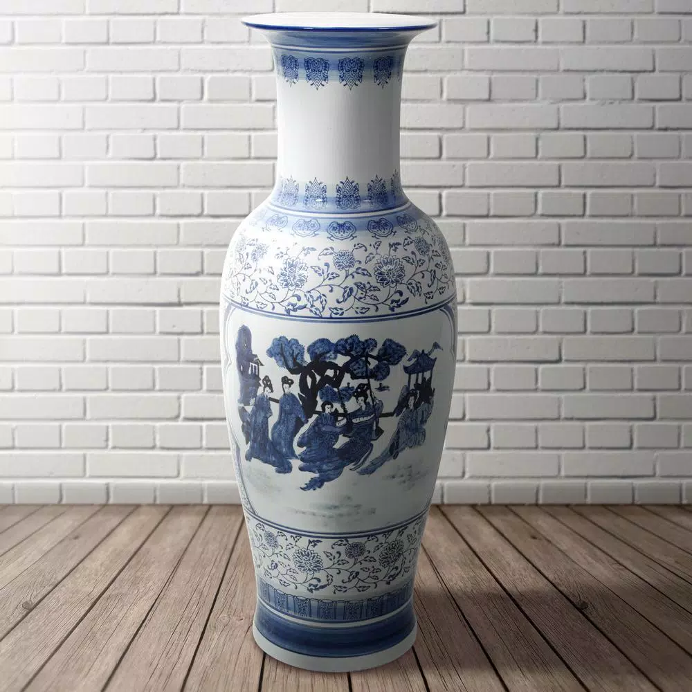 Unbranded Oriental Furniture 35 in. Blue and White Porcelain Tung Chi Floor Vase