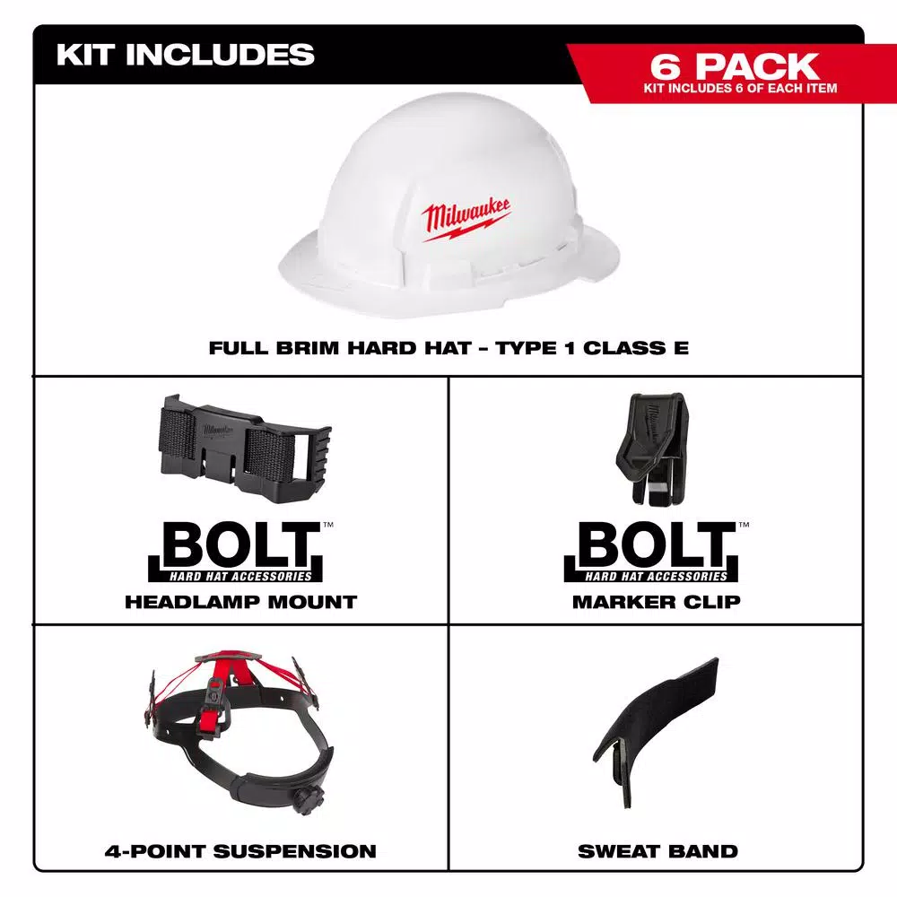 Milwaukee BOLT White Type 1 Class E Full Brim Hard Hat (6-Pack)