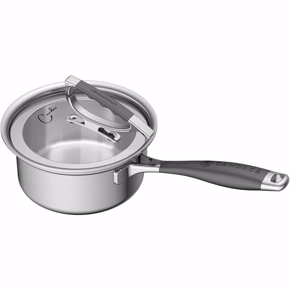 CookCraft by Candace 1.5 qt. Tri-Ply Stainless Steel Sauce Pan with Patented Latch Glass Lid