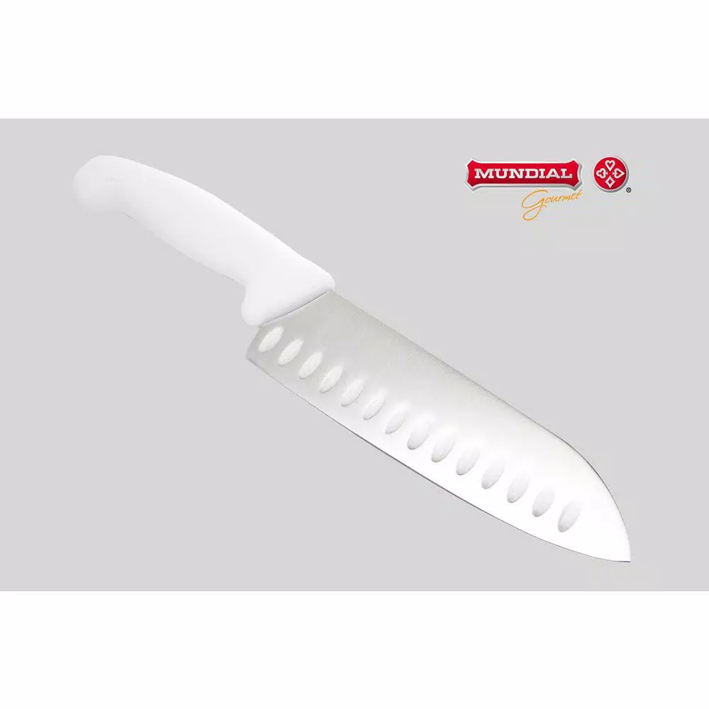 Mundial 3800 Series 7 in. Santoku Knife with Hollow Edge and Antimicrobial White Handle
