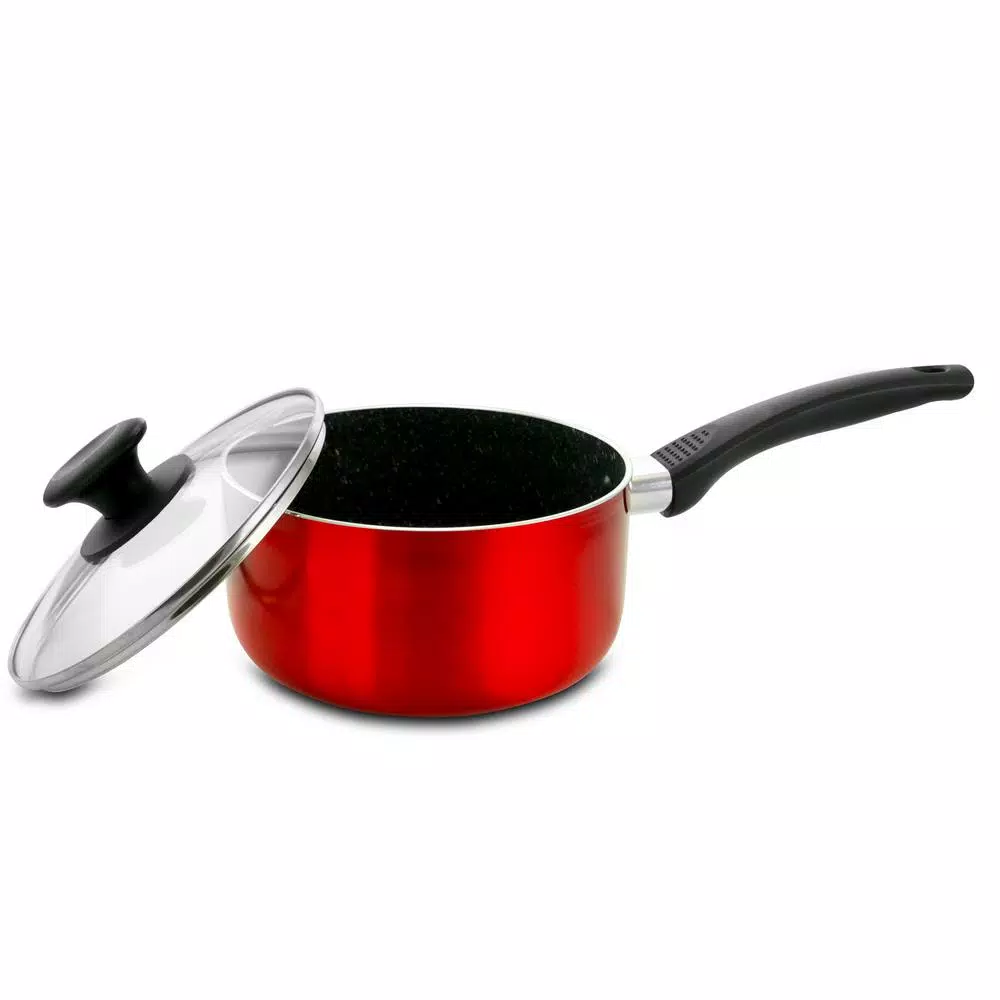 Oster Merrion 2.5 qt. Aluminum Nonstick Saucepan with Glass Lid, Red