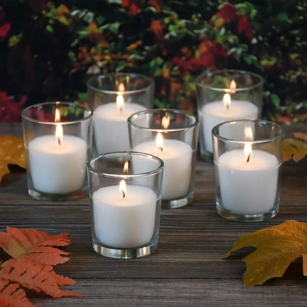 LUMABASE White Unscented Paraffin Votive Candles with Clear Glass Holders, 12-Count, 15-Hour Burn Time