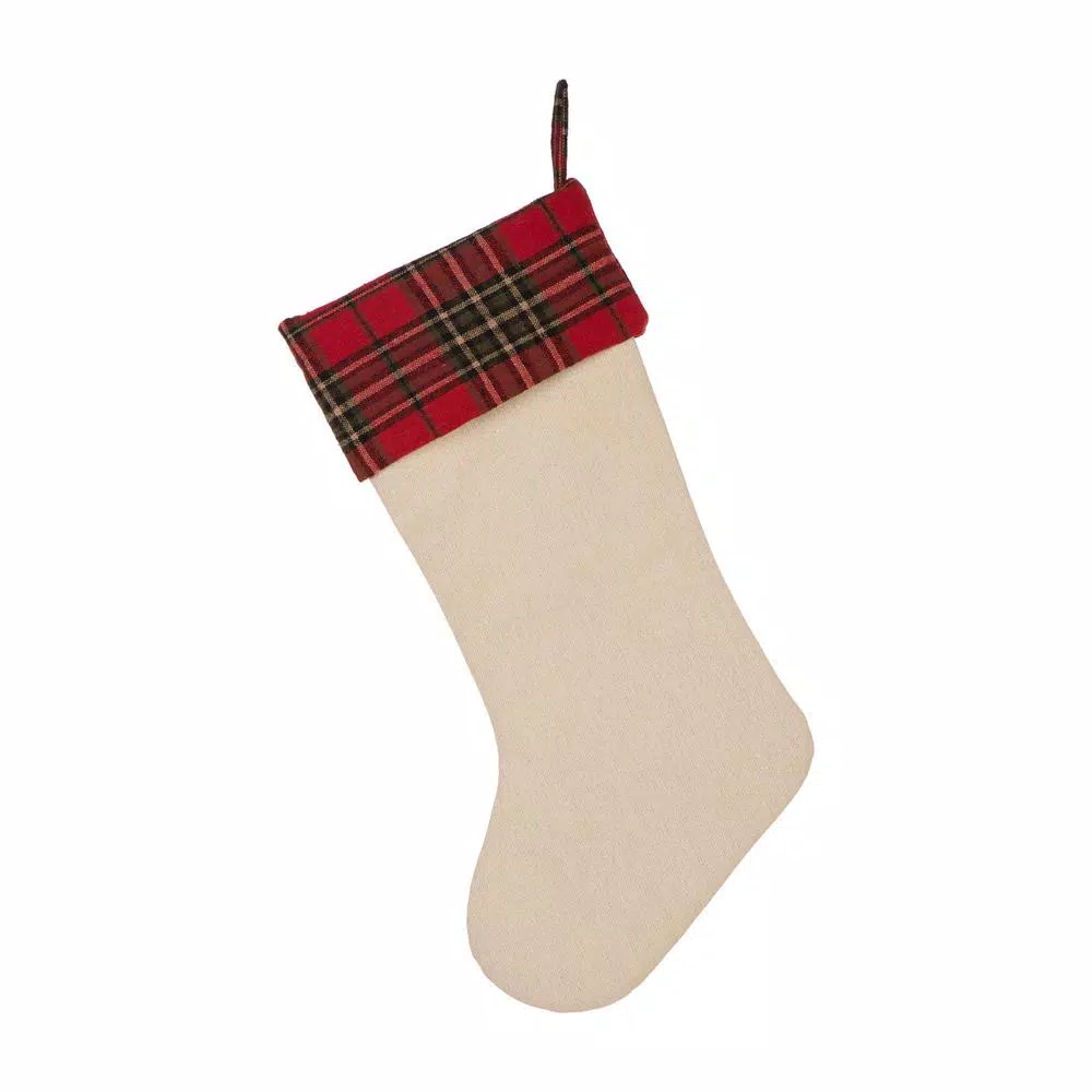 Glitzhome 21 in. Embroidered Linen Christmas Stocking - Red Truck, Tree & Plaid Design