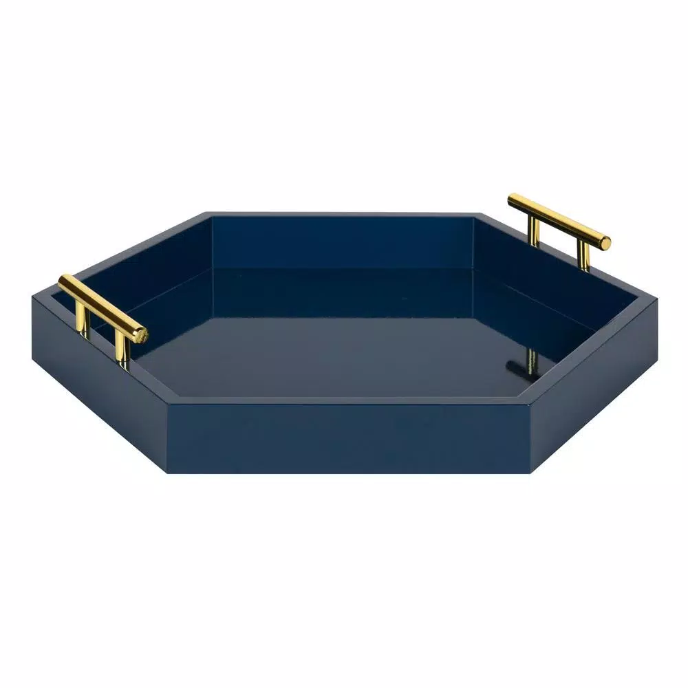Kate and Laurel Lipton 18 in. Navy Blue Hexagon Decorative Tray with Polished Metal Handles