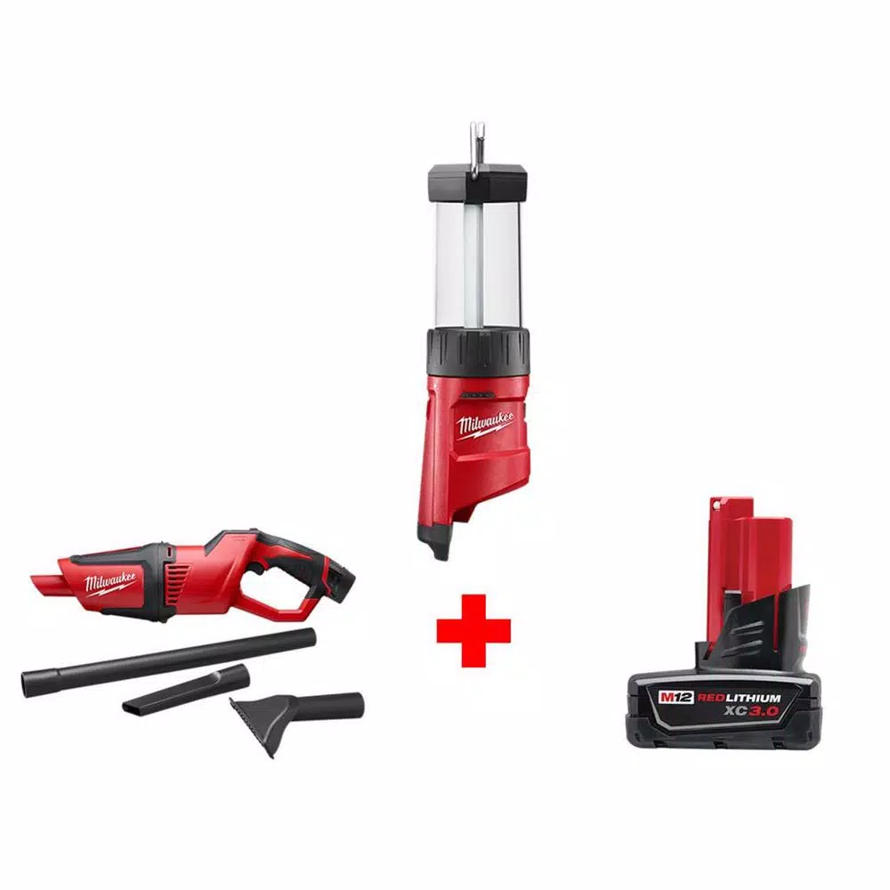 Milwaukee M12 12V Cordless LED Lantern/Flood Light & Compact Vacuum Kit with 3.0 Ah Battery