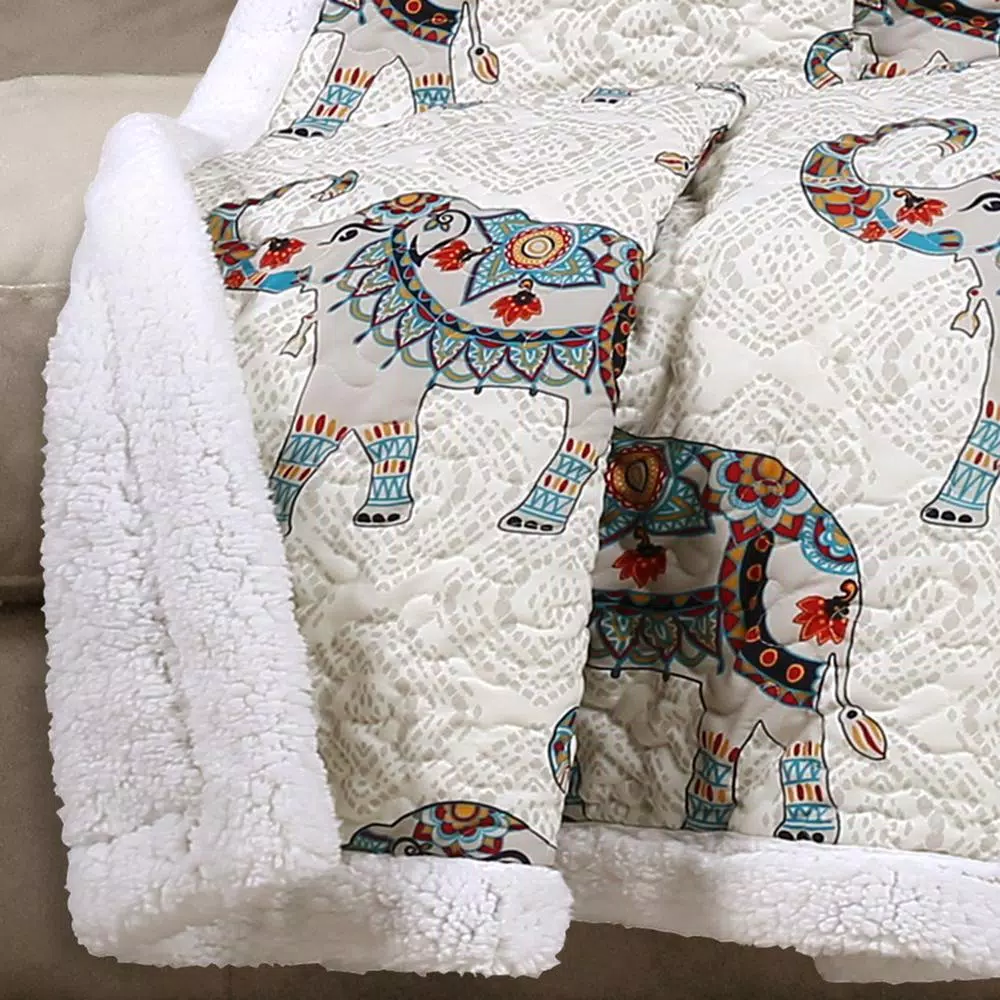 Lush Decor Hati Elephants Navy and Turquoise Sherpa Throw Blanket, Boho Animal Print