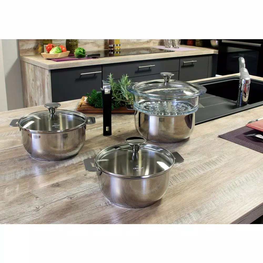 Cristel Tulipe 8-Piece Stainless Steel Saucepan Set with Removable Handle and Steamer