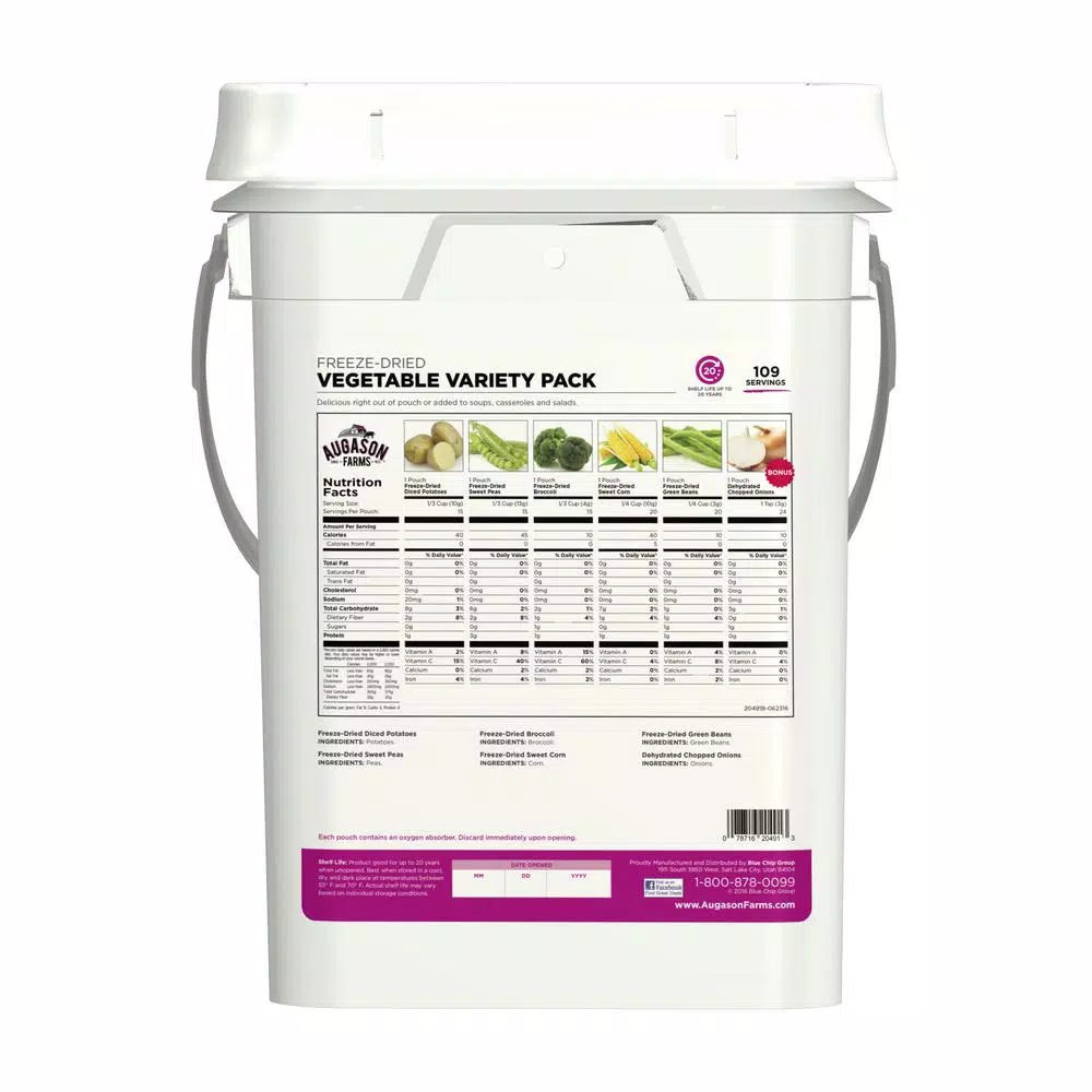 Augason Farms Freeze Dried Vegetable Variety Pail - 109 Servings - 30-Year Shelf Life
