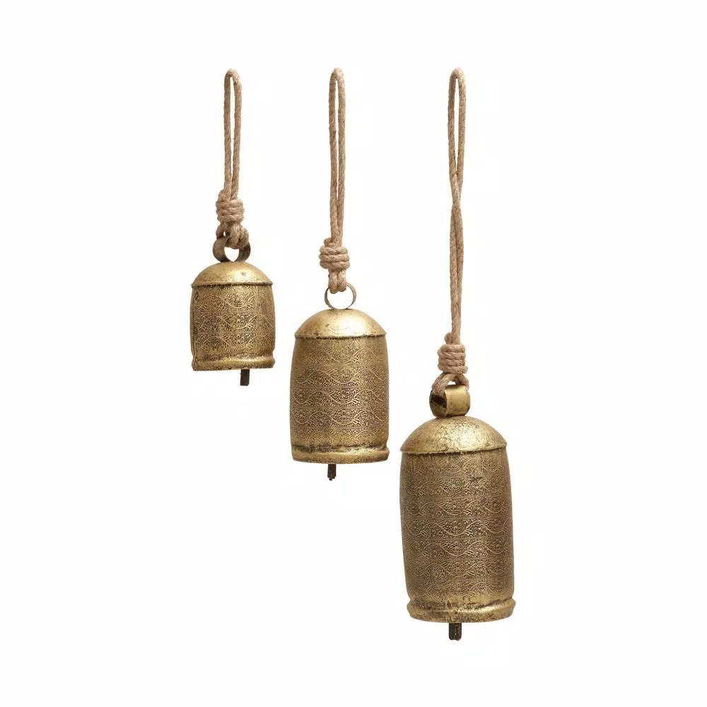 LITTON LANE Gold Brass Iron Bells with Natural Jute Rope Hangers, Set of 3