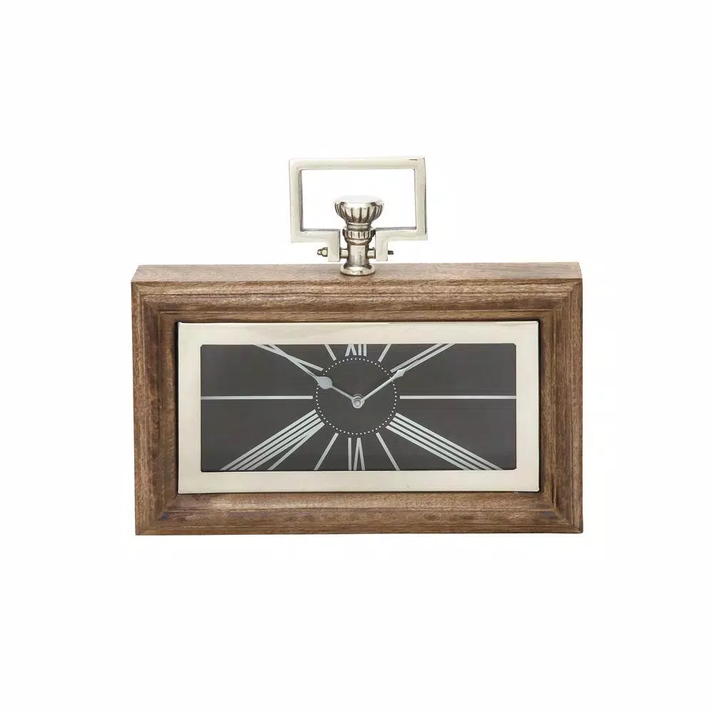 LITTON LANE Oak Brown and Silver Traditional Mango Wood Table Clock