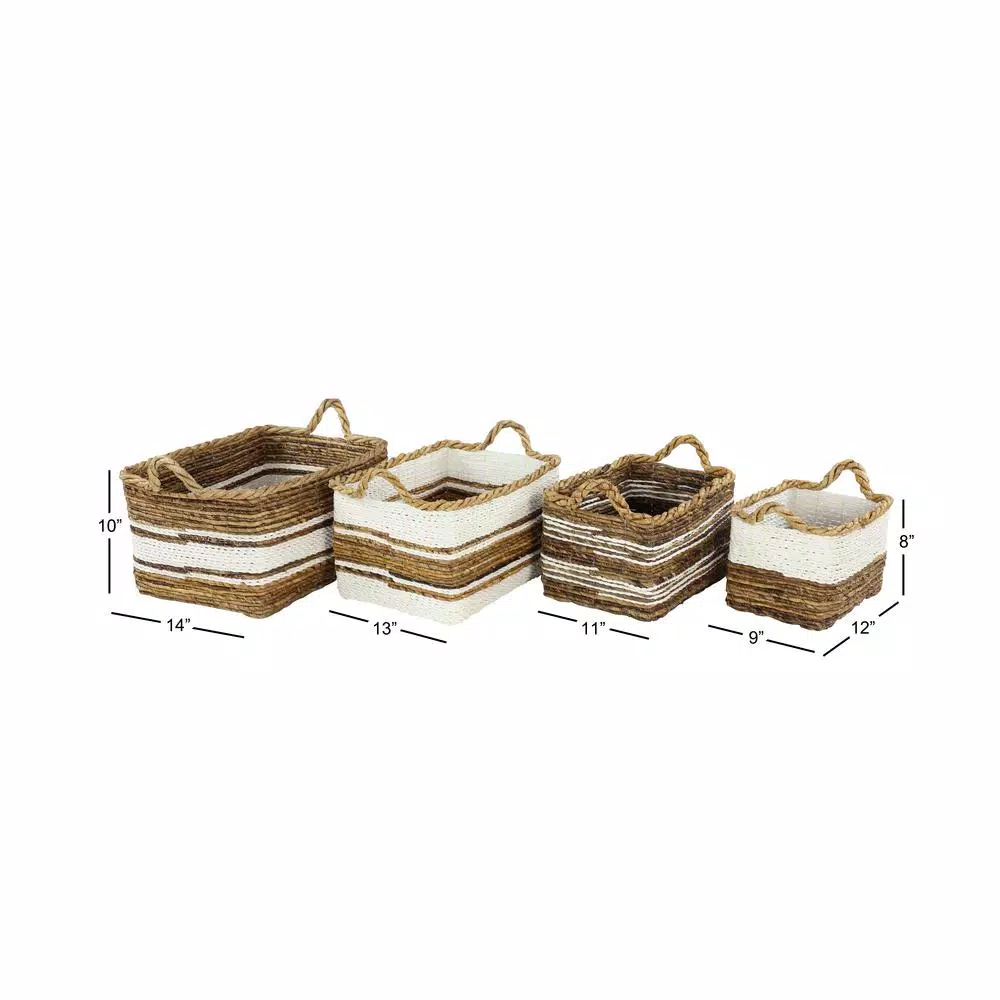 LITTON LANE Rectangular Banana Leaf and Polypropylene Wicker Storage Baskets with Handles, Set of 3