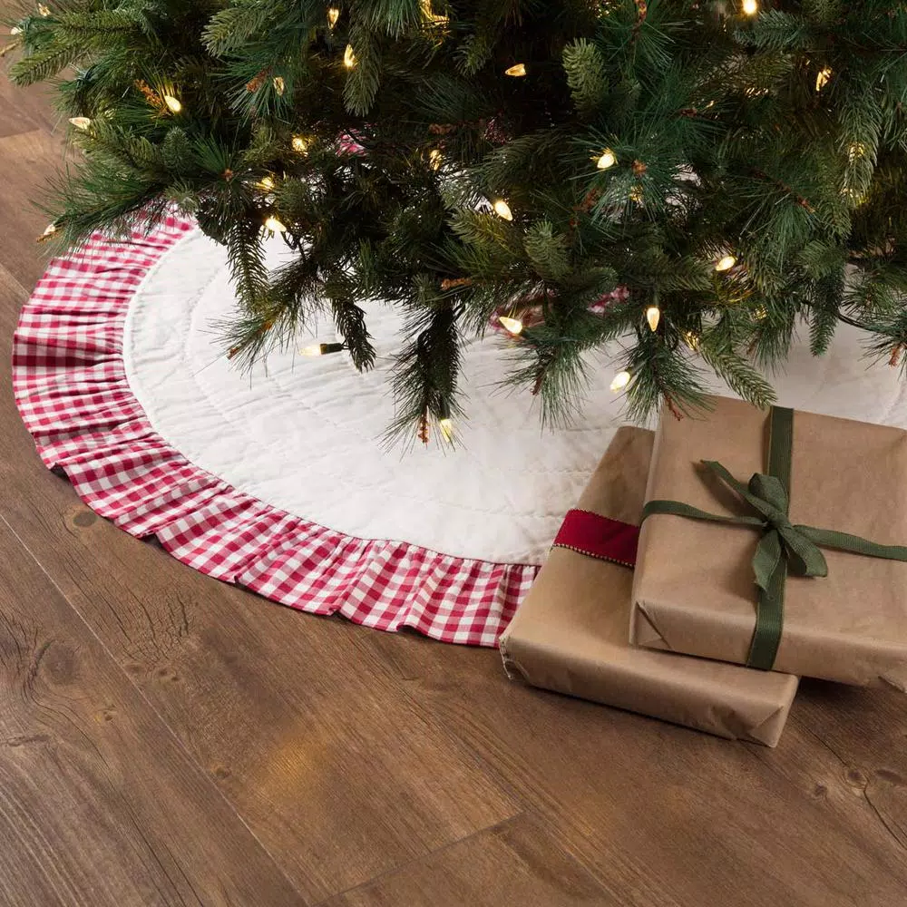 VHC Brands 48 in. Red Emmie Farmhouse Christmas Tree Skirt - Hand-Quilted Cotton with Ruffled Check Trim