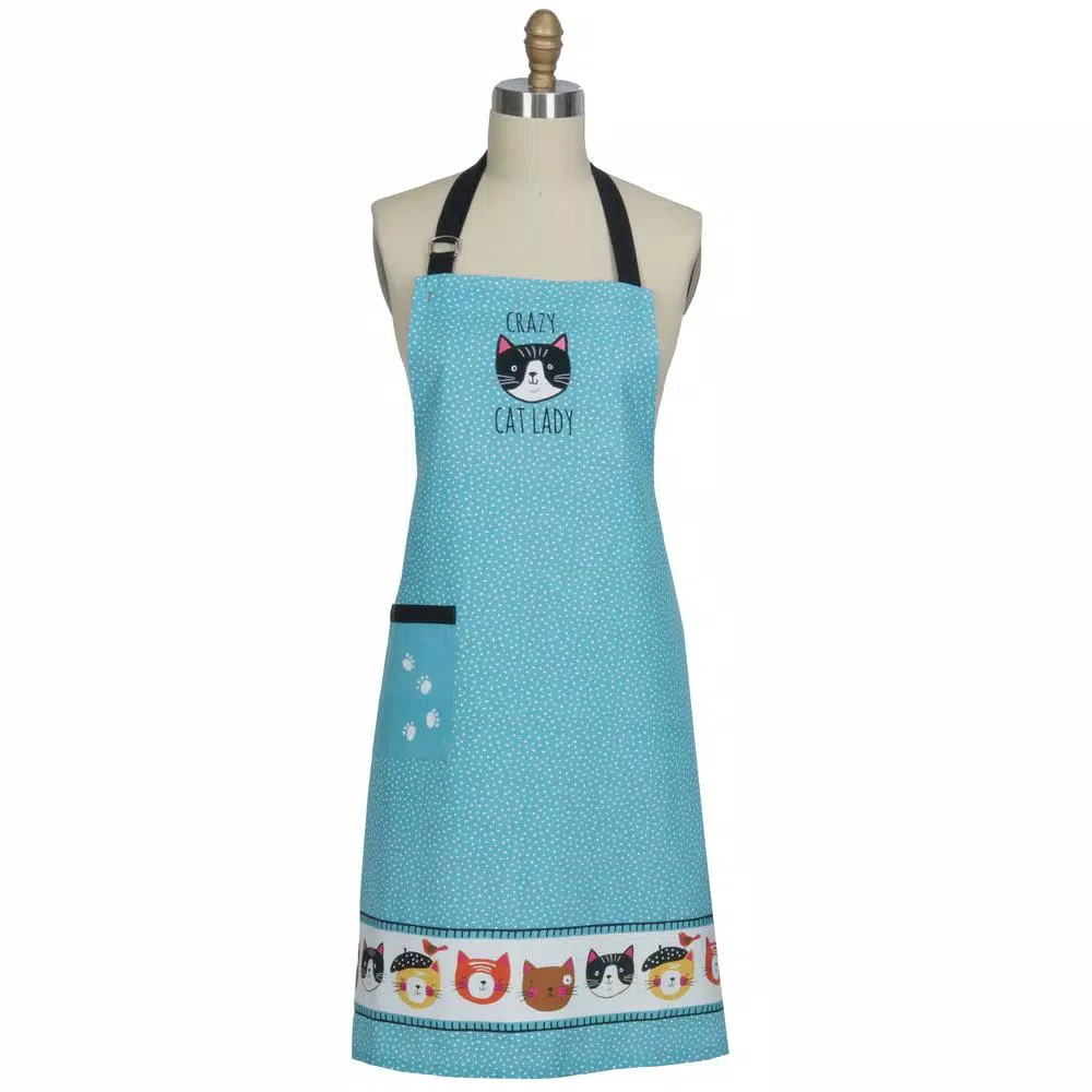 Kay Dee Crazy Cat Blue Cotton Chef Apron with Cat Print Trim and Embroidery