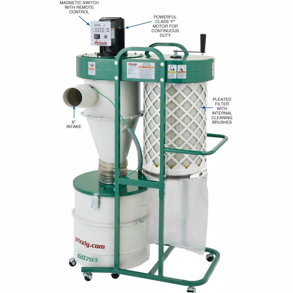 Grizzly Industrial 1-1/2 HP 2-Stage Cyclone Dust Collector with 6 in. Intake and Remote Control