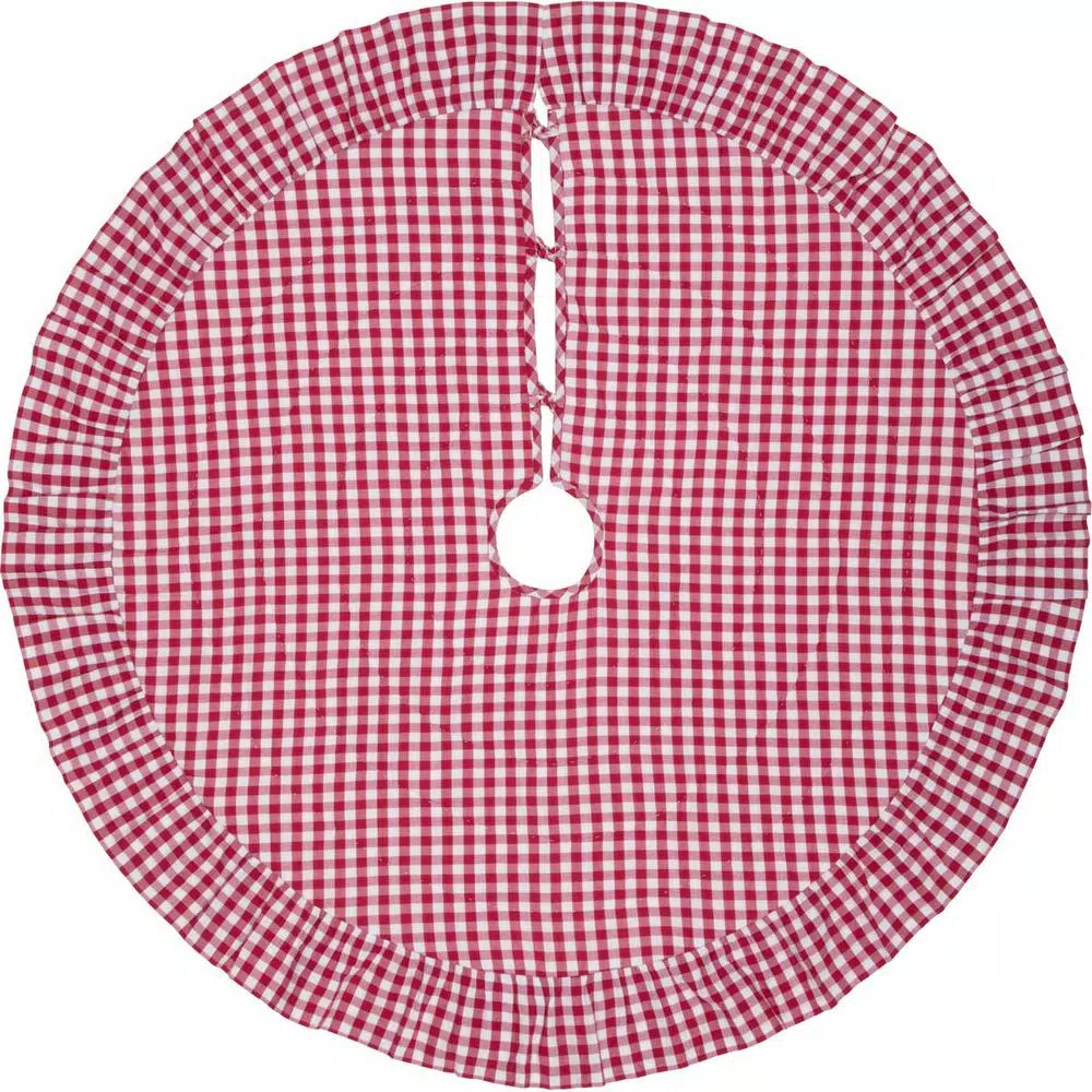 VHC Brands 48 in. Red Emmie Farmhouse Christmas Tree Skirt - Hand-Quilted Cotton with Ruffled Check Trim