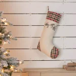 VHC Brands Hollis 20 in. Ivory White Farmhouse Christmas Stenciled Stocking with Holly Berry Accents thumbnail 3