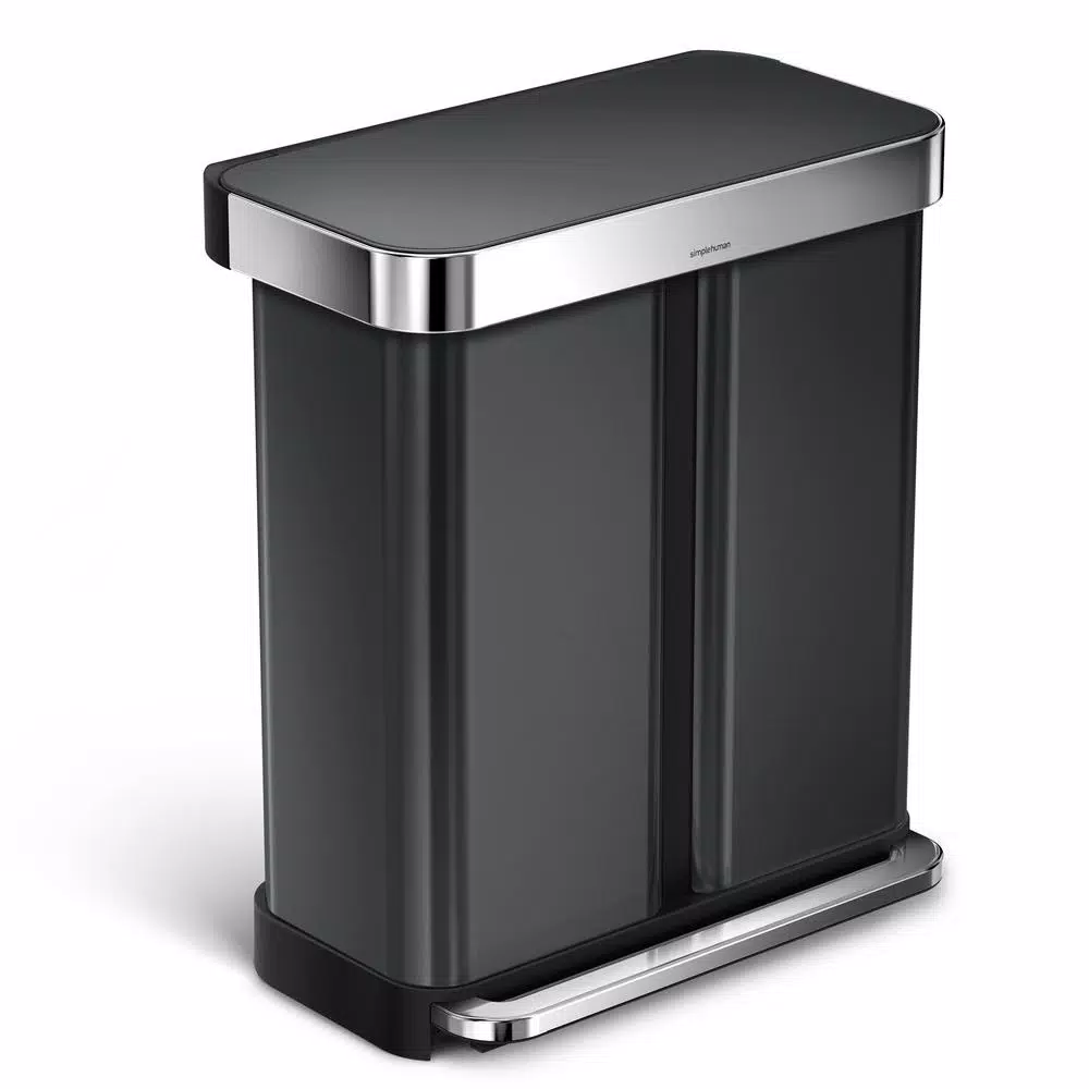 simplehuman 58L Black Stainless Steel Dual Compartment Rectangular Step-On Recycling Trash Can