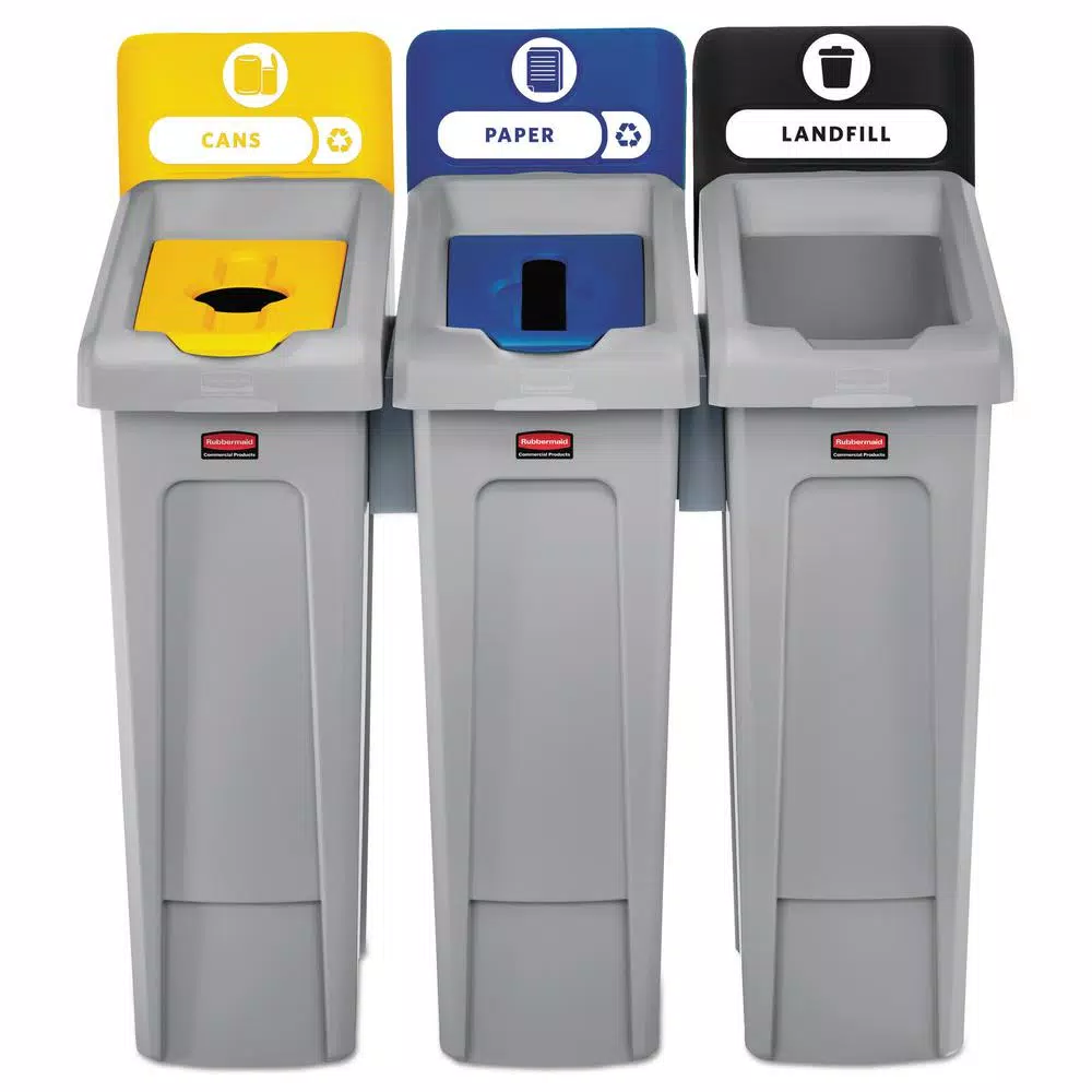 Rubbermaid Commercial Products 69 Gal. 3-Stream Slim Jim Indoor Recycling Station Kit - Landfill, Paper, Bottles & Cans