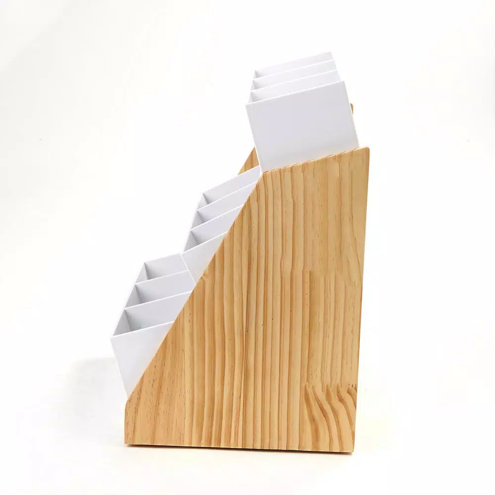 Mind Reader 9-Compartment White Condiment Organizer with Natural Wood Bamboo Base