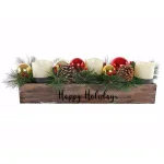 Flora Bunda 23 in. Wood Happy Holidays Ledge Candle Holder with Pinecones and Berries thumbnail 1