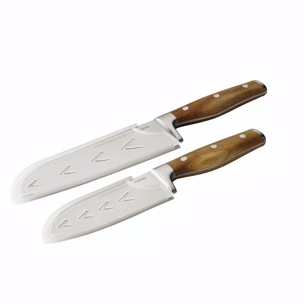 Rachael Ray Cucina 2-Piece Japanese Stainless Steel Santoku Knife Set with Acacia Wood Handles