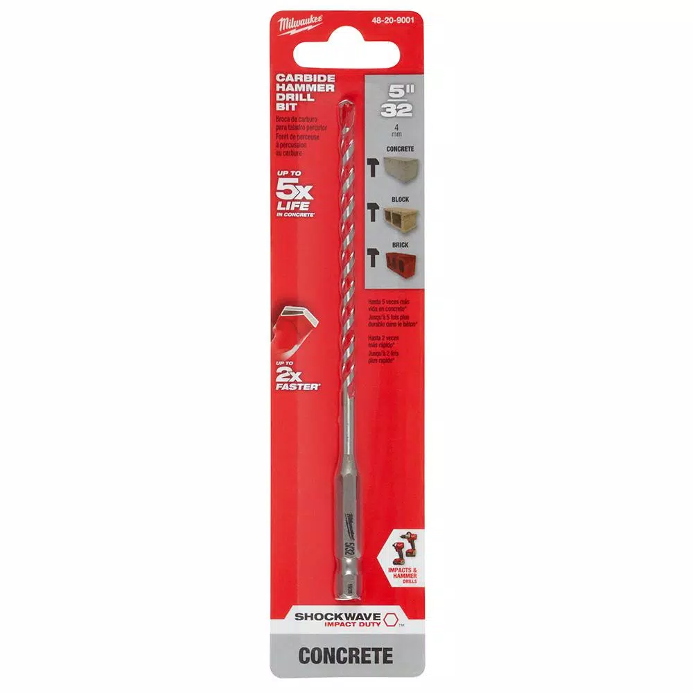 Milwaukee SHOCKWAVE 5/32 in. Carbide Hammer Drill Bit, 6 in. Length, 1/4 in. Hex Shank