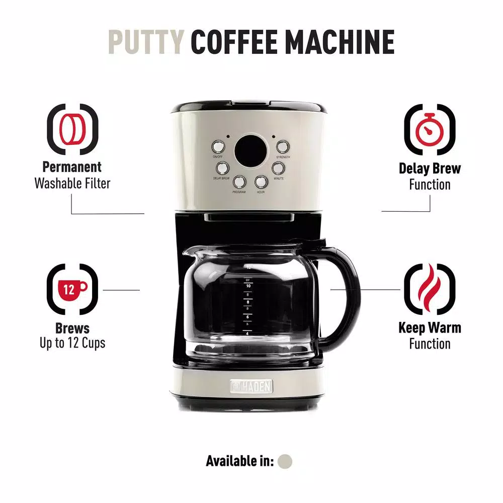 Haden 12-Cup Retro Style Programmable Drip Coffee Maker with Strength Control, Putty