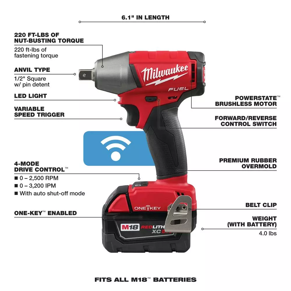 Milwaukee M18 FUEL ONE-KEY 1/2 in. Compact Impact Wrench Kit with (2) 5.0 Ah Batteries & Charger