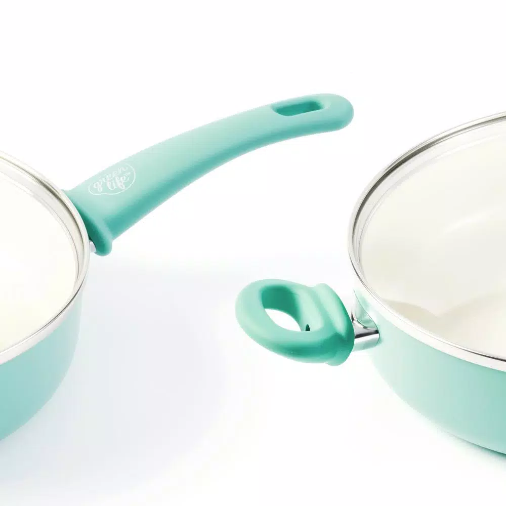 GreenLife Soft Grip 5 Qt. Aluminum Ceramic Nonstick Saute Pan with Glass Lid, Turquoise