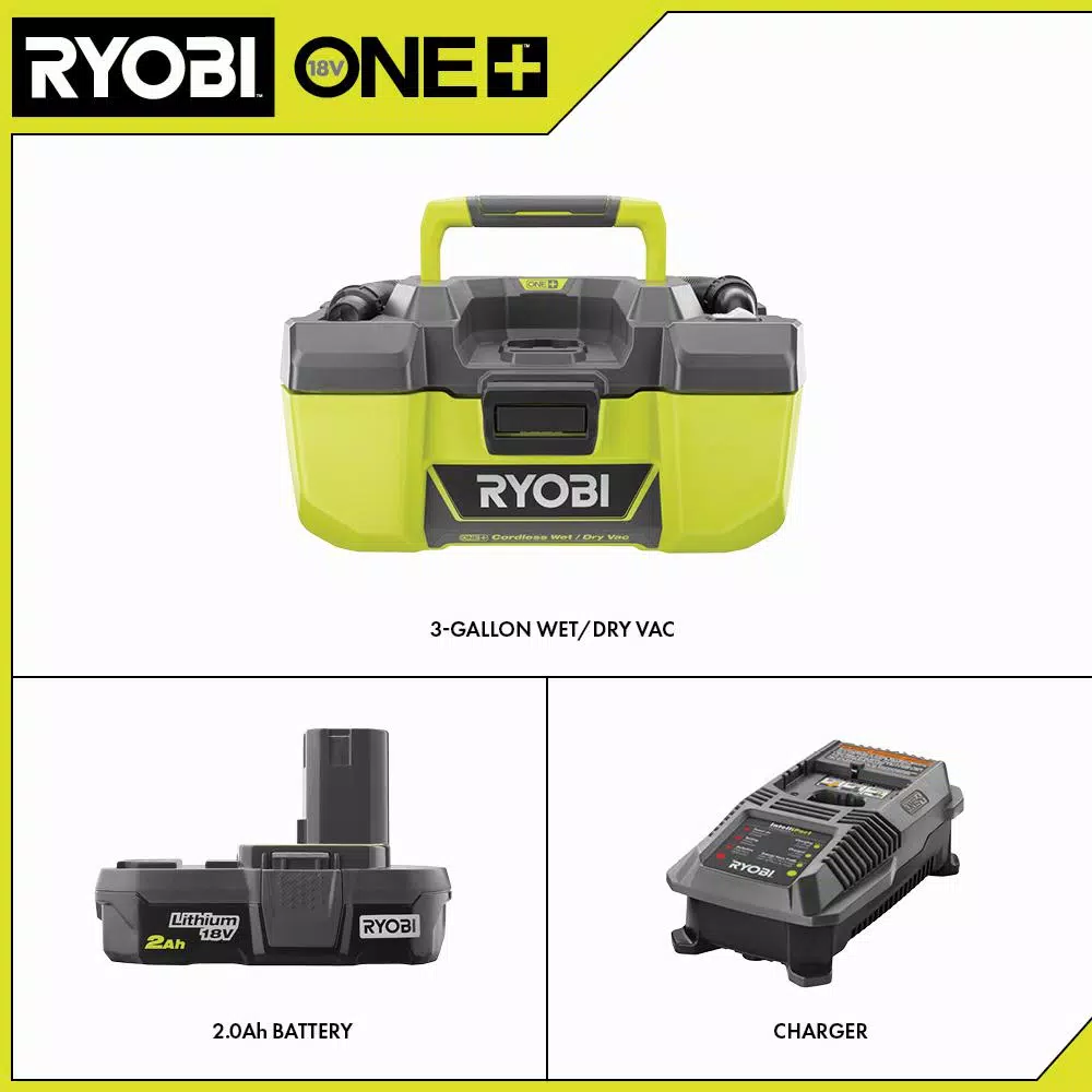 RYOBI 18V ONE+ 3 Gallon Project Wet/Dry Vacuum Kit with 2.0 Ah Battery and Charger
