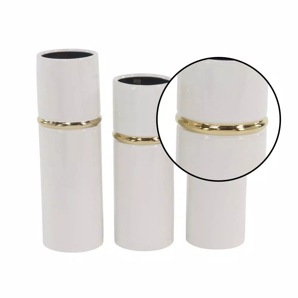LITTON LANE White Ceramic Decorative Vase Set of 3 with Gold Lining Detail, Modern Cylinder Design