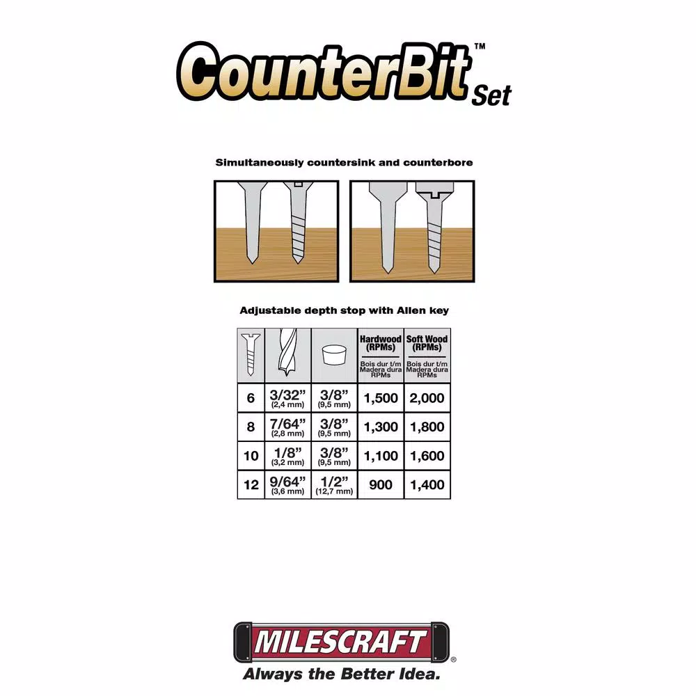 Milescraft Adjustable Titanium Coated Countersink Drill Bit Set, 4-Piece, Hex Shank