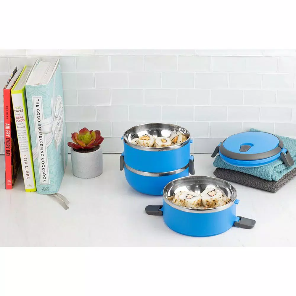 Unbranded 3-Tier Leak-Proof Stainless Steel and Plastic Lunch Box with Pop-Up Handle