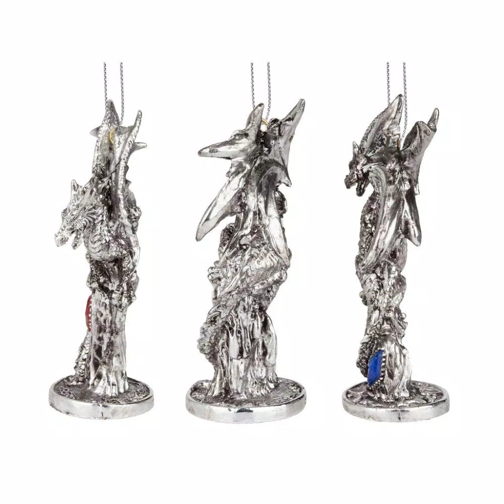 Design Toscano Three Dragons of the Amesbury Holiday Gemstone Ornament Set, 3-Piece Silver Resin