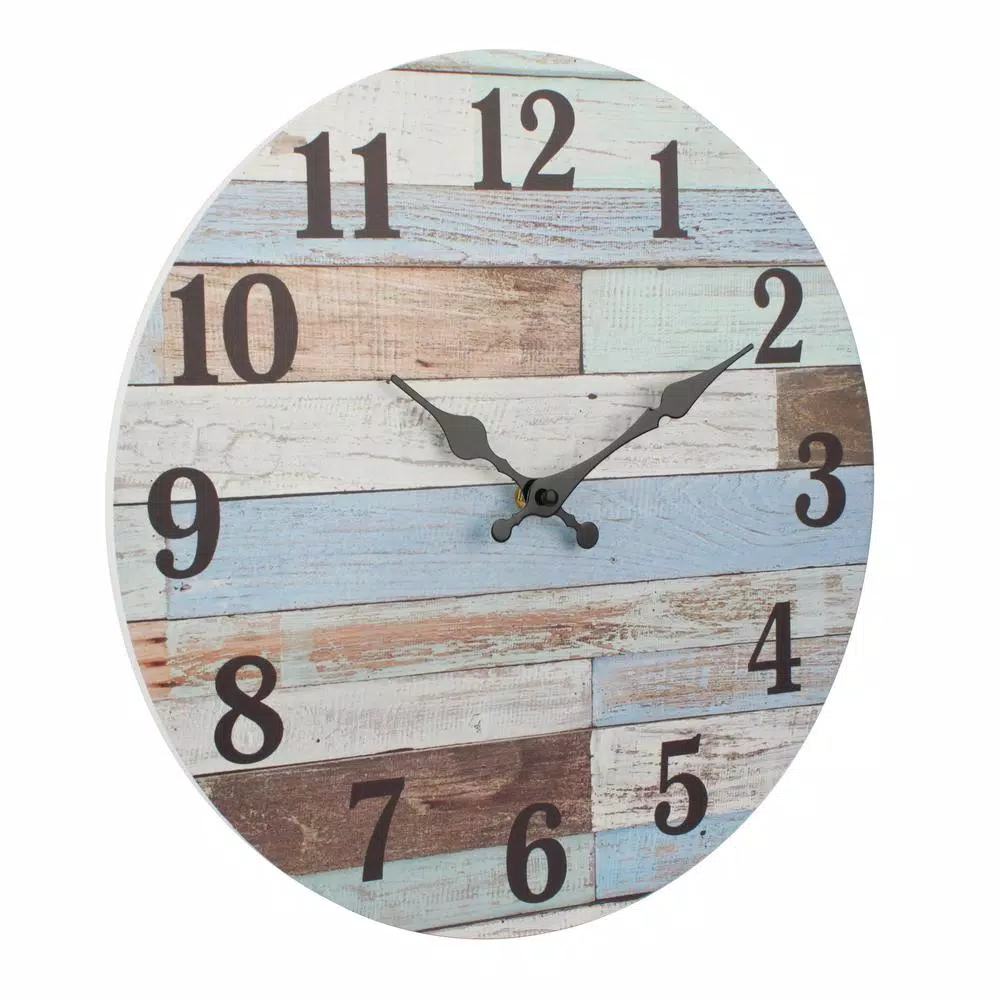 Stonebriar Collection Stonebriar Coastal Worn Blue and White Wooden Wall Clock