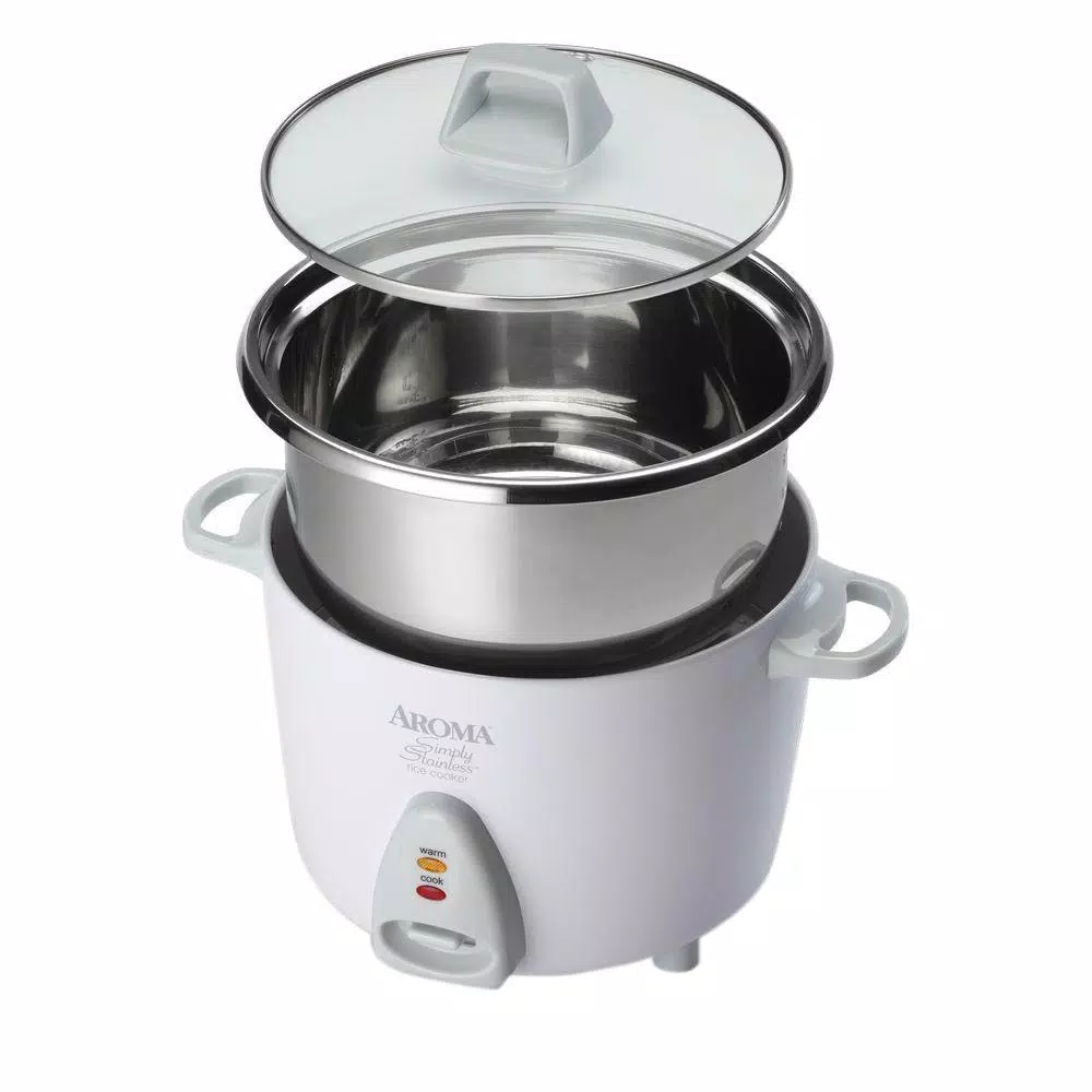 Aroma Simply 6-Cup Stainless Steel White Rice Cooker with Measuring Cup and Spatula