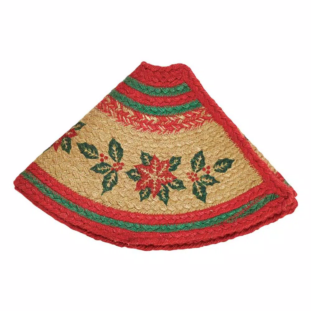 VHC Brands 21 in. Natural Tan Jute Christmas Tree Skirt with Poinsettia and Holly Berry Stencil