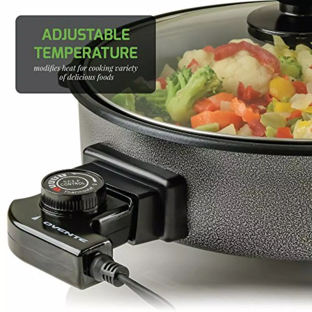Ovente 12-Inch Electric Skillet, 1400W Non-Stick Aluminum Pan with Tempered Glass Lid