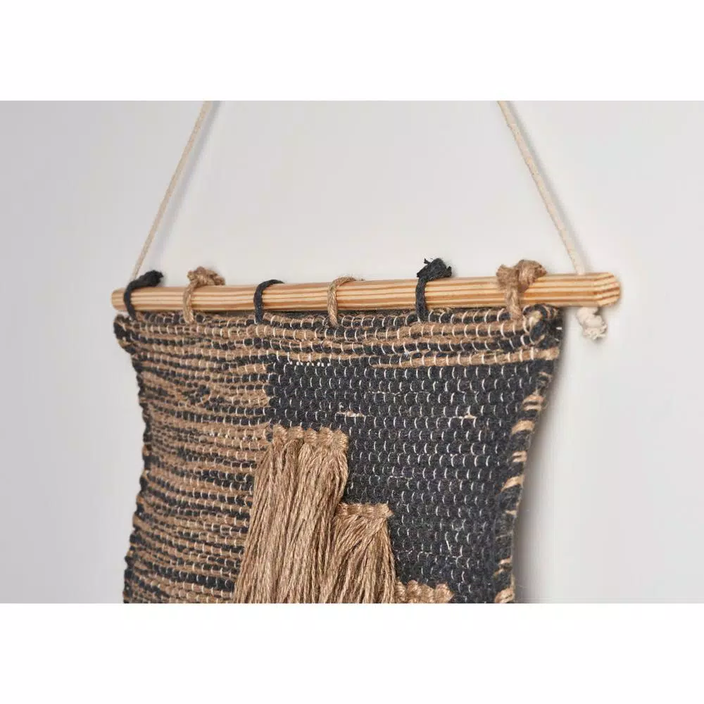 LR Home Rustic Natural and Black Fringed Wall Tapestry - Hand-Loomed Jute and Cotton Wall Hanging