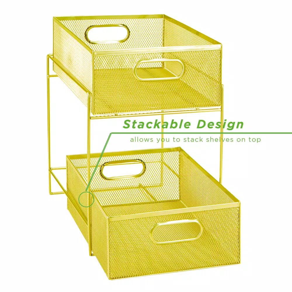 MIND READER Modern Yellow Metal Mesh 2-Tier Utensil Caddy and Flatware Organizer