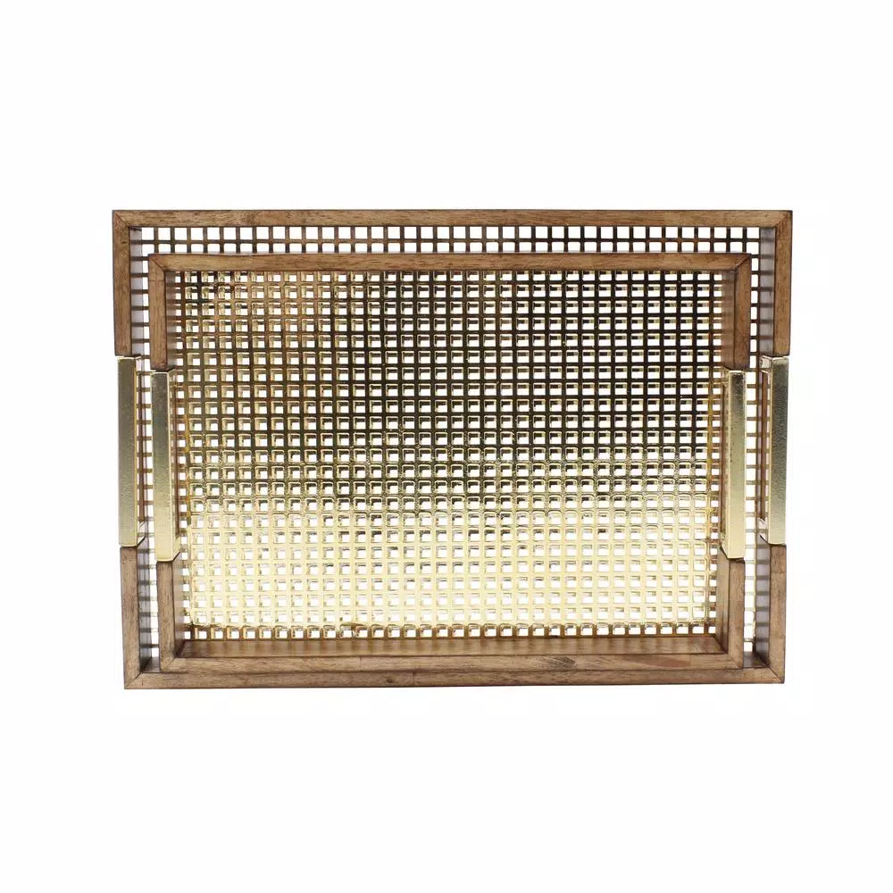 Kate and Laurel Hanneli Gold and Walnut Decorative Tray Set of 2 - Modern Glam Perforated Metal and Wood Trays