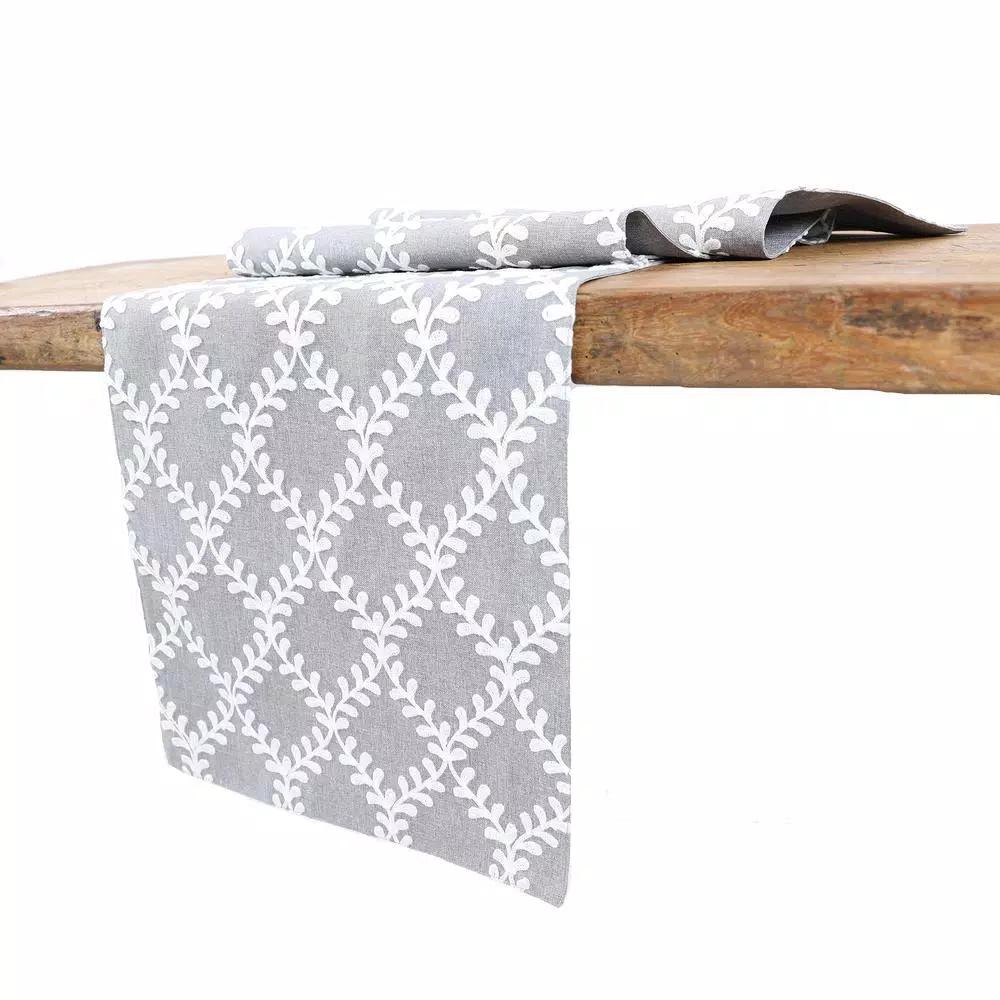 Manor Luxe Piluki Leaf Crewel Embroidered Table Runner, Gray, 15 in. x 108 in.
