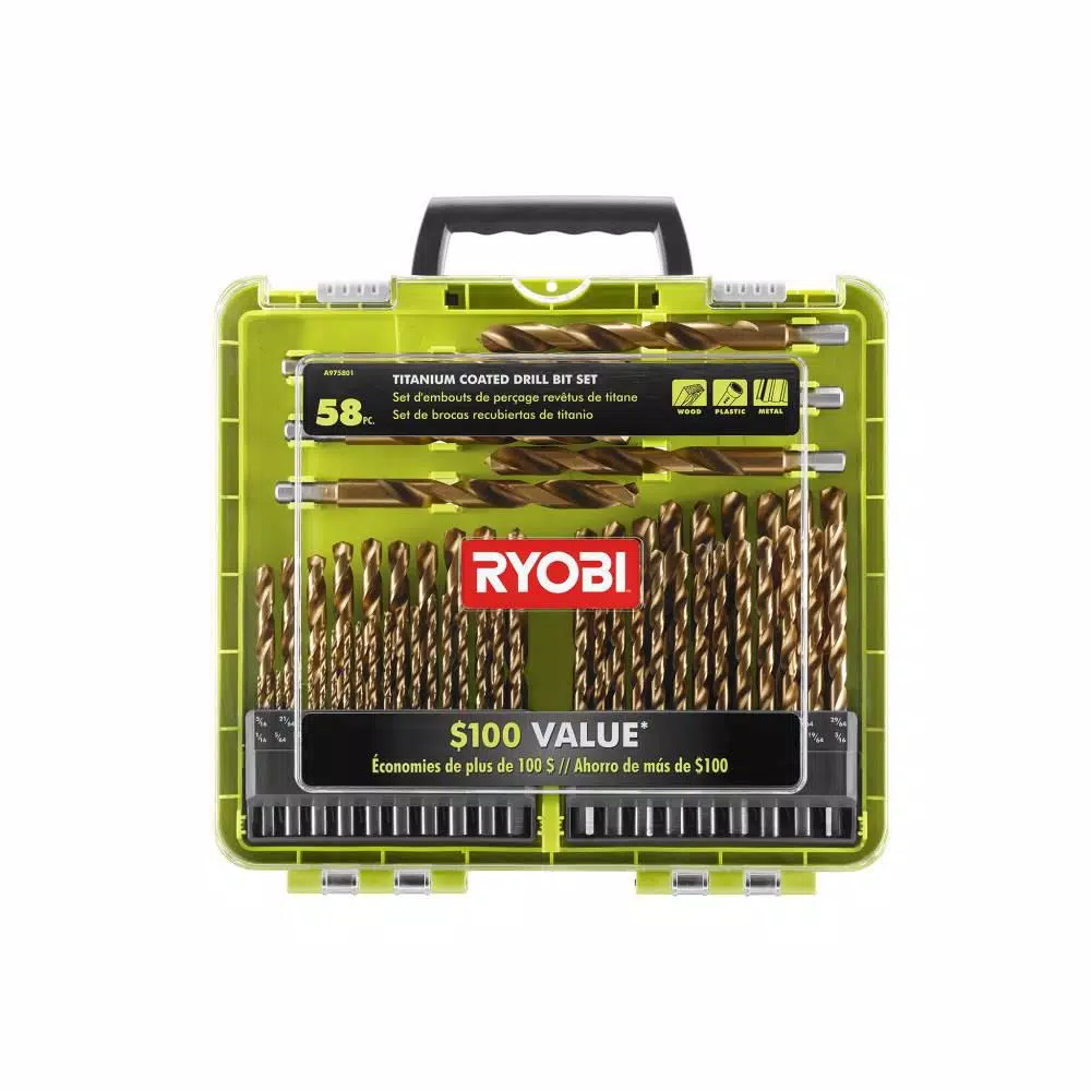 RYOBI 58-Piece Titanium Coated Drill Bit Set with Tilt-Out Storage Kit