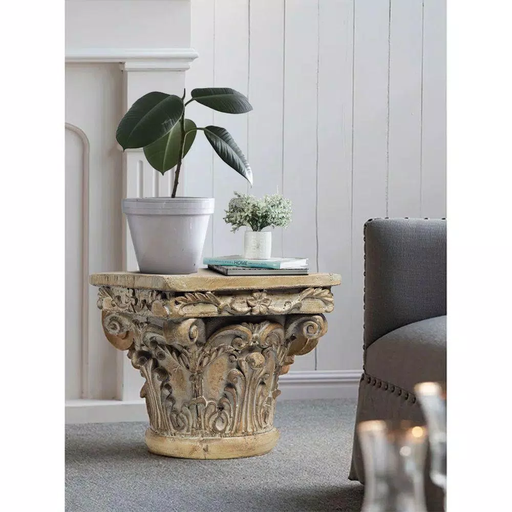 Benjara Aesthetic Resin Decorative Pedestal with Acanthus Leaf Design and Scrolled Details, Brown