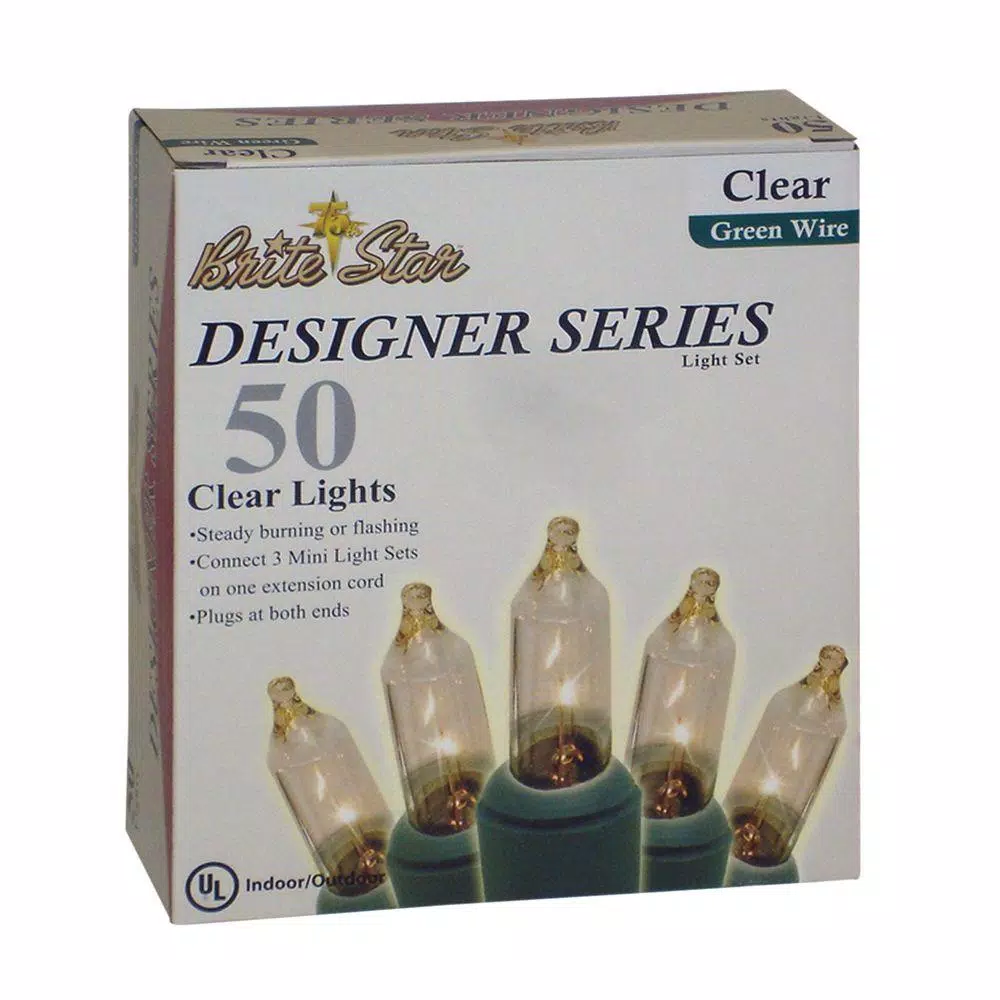 Brite Star 50-Light Clear Incandescent Mini Bulb String Lights, Green Wire, Box of 2