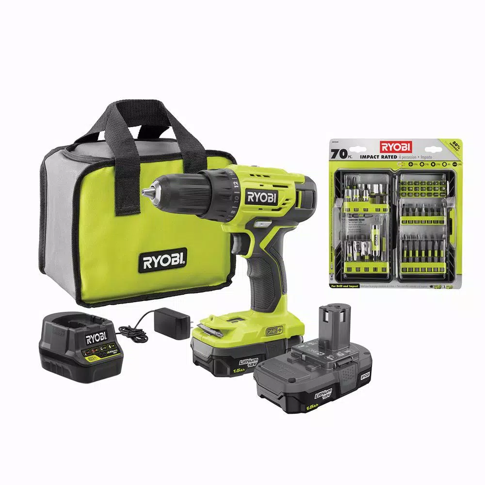 RYOBI 18V ONE+ 1/2 in. Cordless Drill Driver Kit with (2) 1.5 Ah Batteries, Charger, Bag & 70-Piece Impact Bit Set