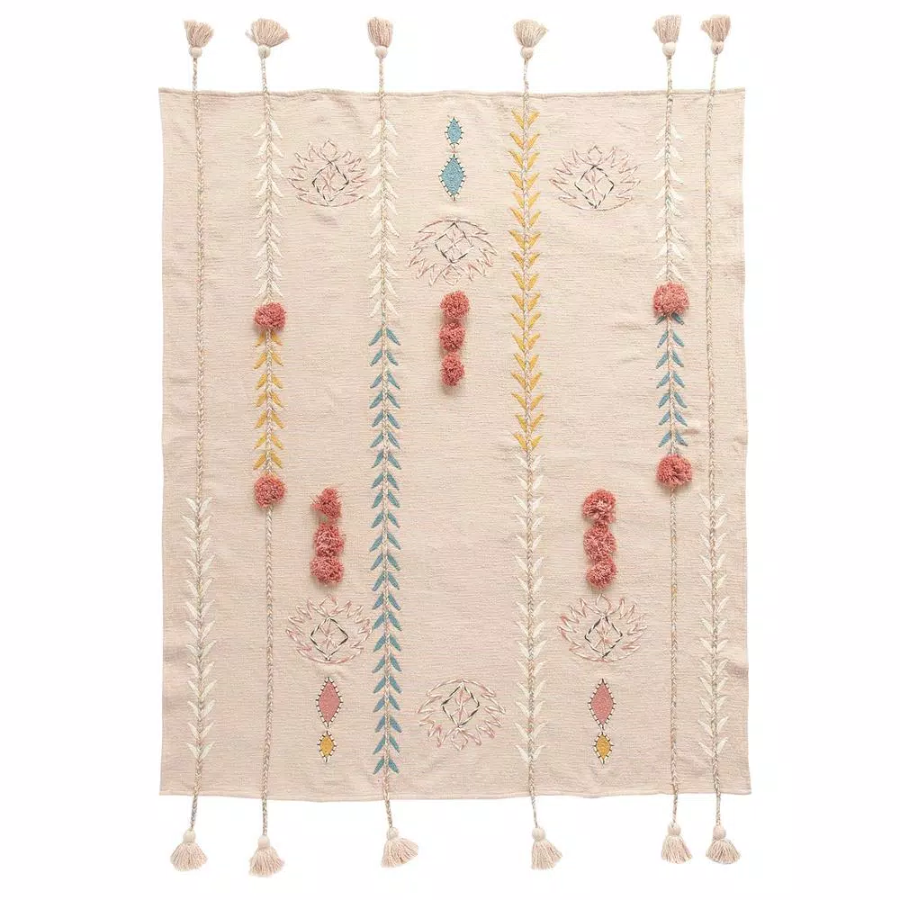 3R Studios Pink Cotton Decorative Throw Blanket with Applique, Pom Poms and Tassels