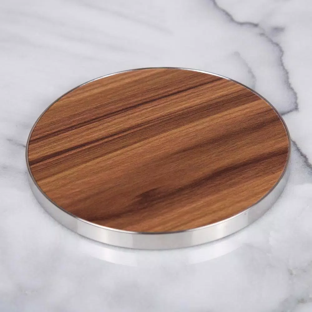 Creative Home 7" Round Fiberboard Trivet and Serving Board with Acacia Finish and Stainless Steel Trim