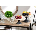 LITTON LANE Natural Beige Chinese Fir Wood and Black Iron Round Decorative Tray Stands Set of 2 thumbnail 1
