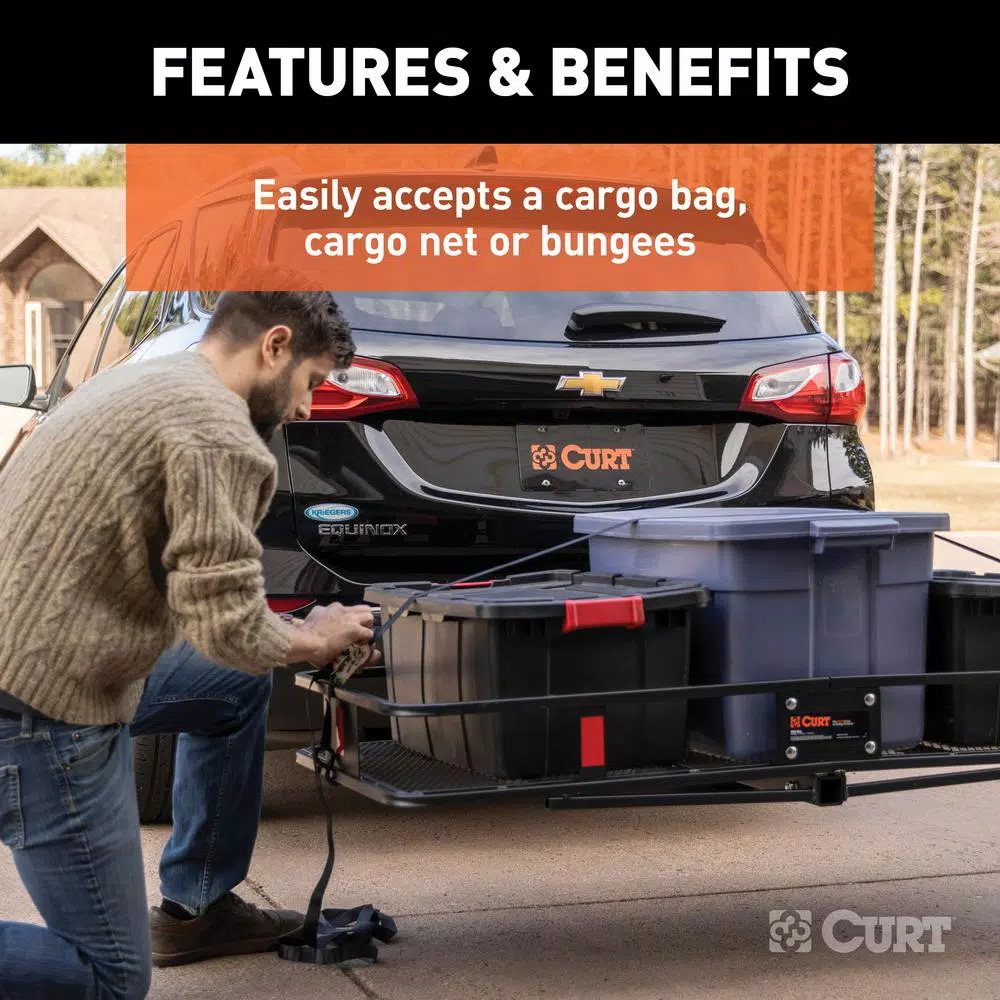 CURT 60" x 24" Black Steel Basket Cargo Carrier with 2" Folding Shank, 500 lbs. Capacity